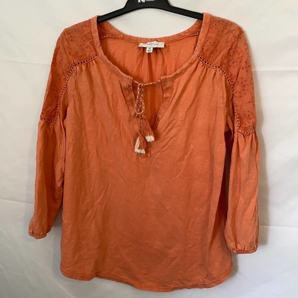 New Directions Peach Tassel FrontTie V-Neck Blouse